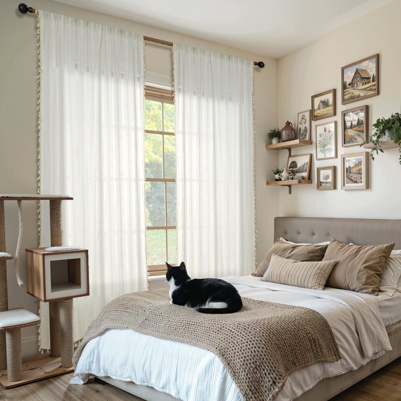 ColorBird Boho Curtains White Drapes 84 Inches Long for Living Room Farmhouse Cottage Core Light Filtering Embroidered Striped Window Treatment for Bedroom Dining Closet Boho Chic Decor - Image 4