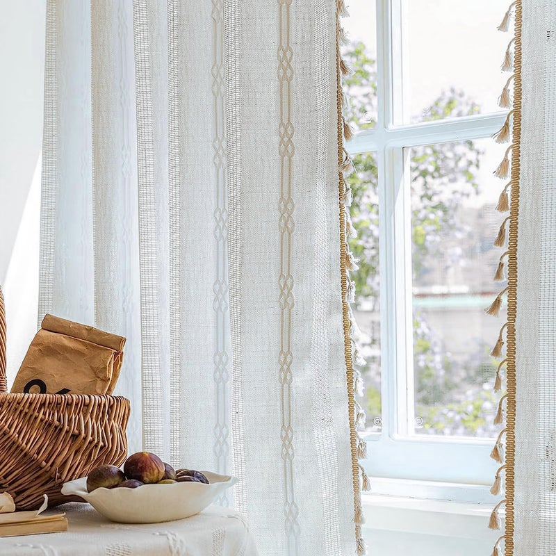 ColorBird Boho Curtains White Drapes 84 Inches Long for Living Room Farmhouse Cottage Core Light Filtering Embroidered Striped Window Treatment for Bedroom Dining Closet Boho Chic Decor - Image 2