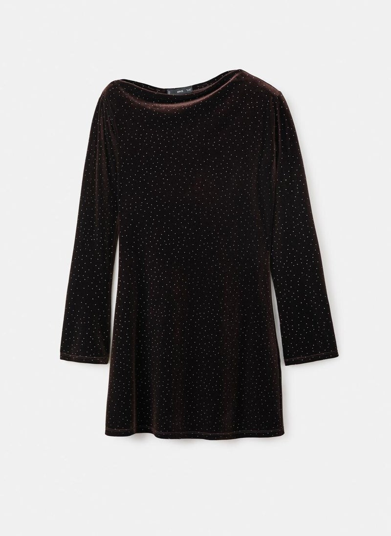 مانجو فستان مخملي غير متماثل بتفاصيل لامعة - Image 5