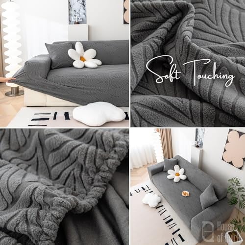 House of Quirk Universal Single Seater 220 GSM Jacquard Leaf Texture Fabric Sofa Cover Soft Touching Cover for Couch Flexible Stretch Sofa Slipcover (Charcoal, 90-140cm) - Image 3