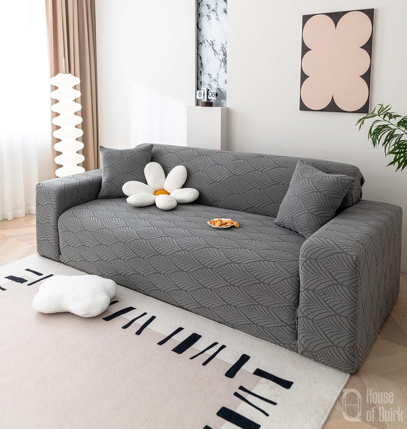 House of Quirk Universal Single Seater 220 GSM Jacquard Leaf Texture Fabric Sofa Cover Soft Touching Cover for Couch Flexible Stretch Sofa Slipcover (Charcoal, 90-140cm) - Image 1