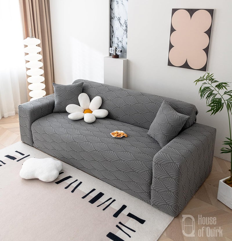 House of Quirk Universal Single Seater 220 GSM Jacquard Leaf Texture Fabric Sofa Cover Soft Touching Cover for Couch Flexible Stretch Sofa Slipcover (Charcoal, 90-140cm) - Image 4