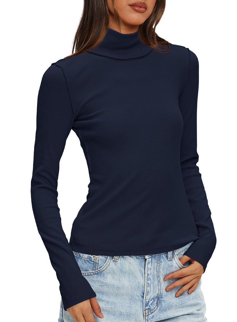 Darong Women's Long Sleeve Casual Lightweight Turtleneck Top Slim Fit Active Layer Shirts 9221 Dark Blue S - Image 3