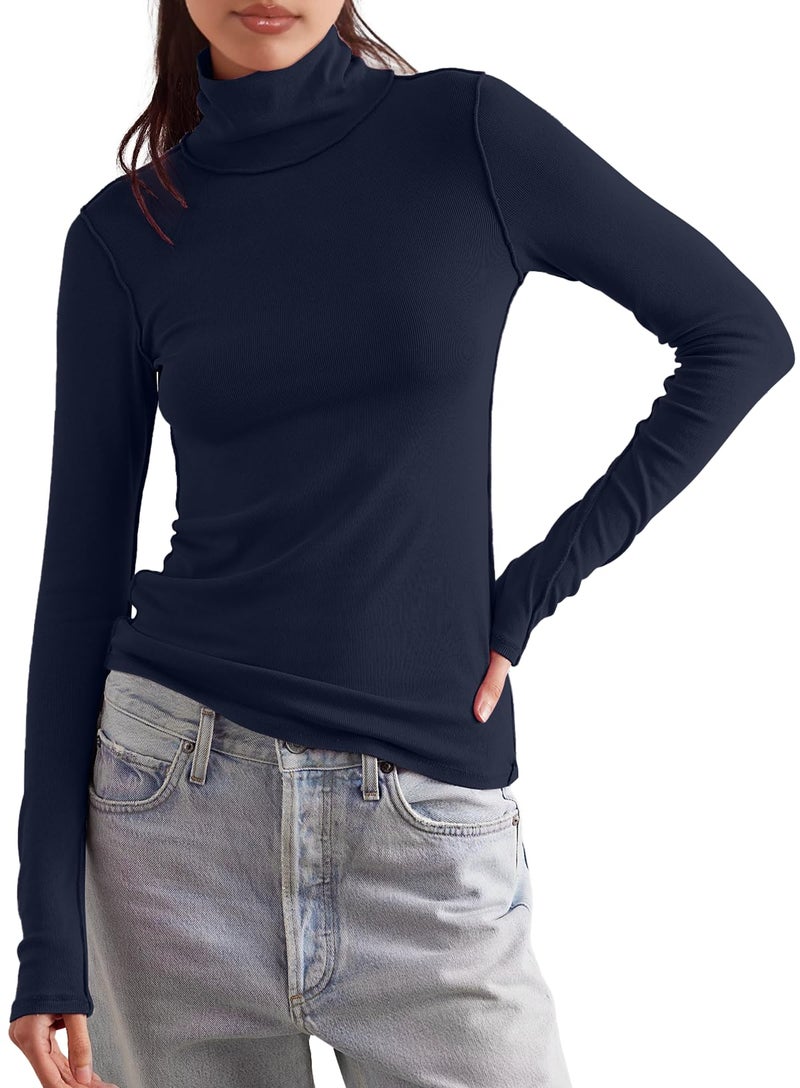 Darong Women's Long Sleeve Casual Lightweight Turtleneck Top Slim Fit Active Layer Shirts 9221 Dark Blue S - Image 5