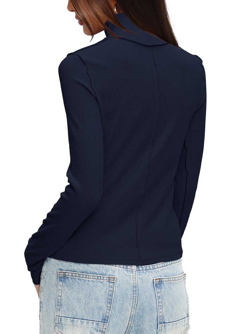 Darong Women's Long Sleeve Casual Lightweight Turtleneck Top Slim Fit Active Layer Shirts 9221 Dark Blue S - Image 2