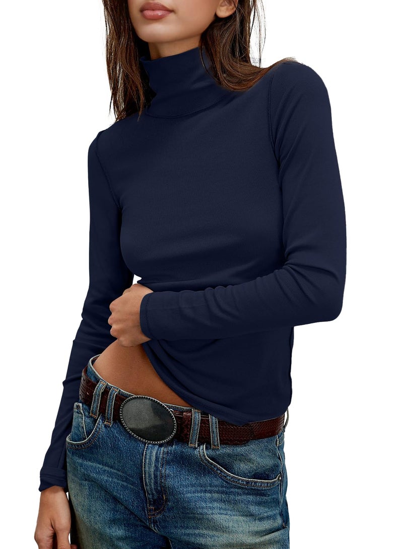 Darong Women's Long Sleeve Casual Lightweight Turtleneck Top Slim Fit Active Layer Shirts 9221 Dark Blue S - Image 4