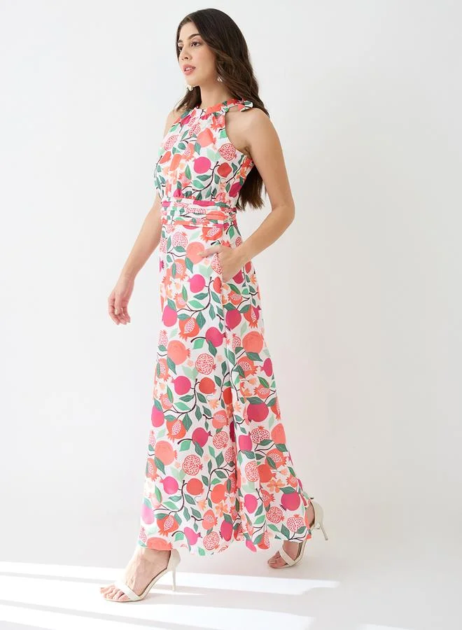 globus Floral Fruit Print Pleated Detail Flared Fusion Jumpsuit