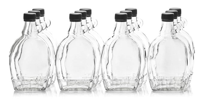 12 OUNCE GLASS MAPLE SYRUP BOTTLES WITH LOOP HANDLE BLACK PLASTIC TAMPER EVIDENT LIDS CASE OF 12