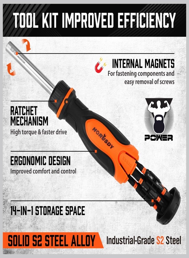 HORUSDY Magnetic Ratcheting Screwdriver Set: 14-in-1 Bits & 1/4" Driver, Multi-Sized Phillips, Slotted, Square, Torx, Hex for Garage & Daily Repair - Image 3