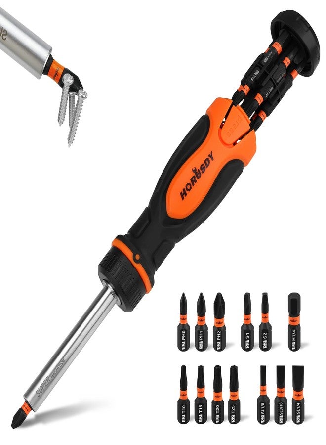 HORUSDY Magnetic Ratcheting Screwdriver Set: 14-in-1 Bits & 1/4" Driver, Multi-Sized Phillips, Slotted, Square, Torx, Hex for Garage & Daily Repair - Image 1