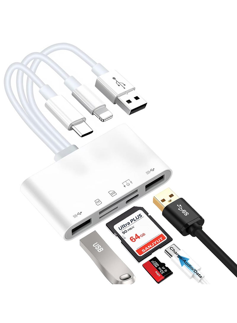 قارئ بطاقات ذاكرة 5 في 1 – متوافق مع iPhone وiPad وAndroid – محول USB-C وLightning وUSB-A لبطاقات SD وMicro SD – تشغيل فوري ونقل سريع للملفات - Image 1