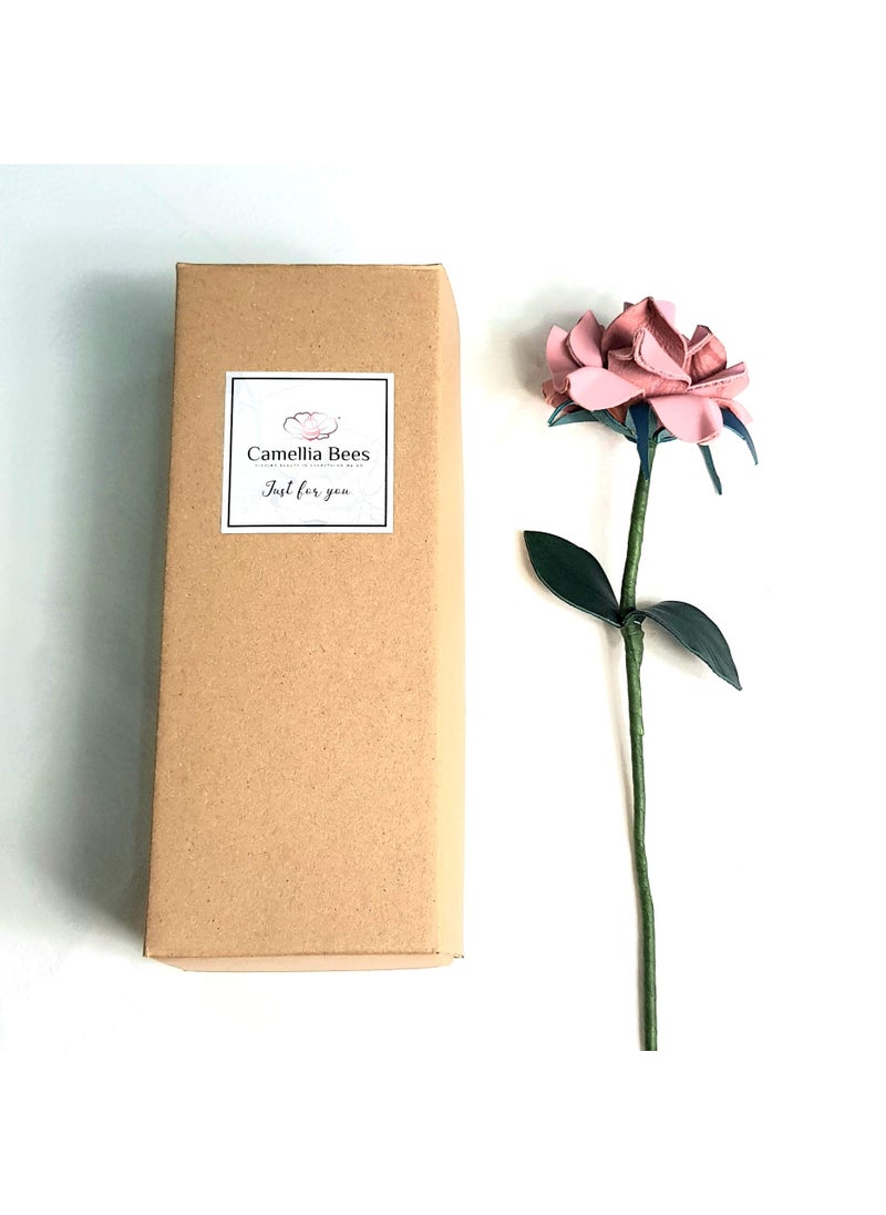 Camellia Bees Camellia Bees Leather rose Gift for her/him on valentines day  mothers day  third years 3rd wedding anniversary (Pink)  - Image 3