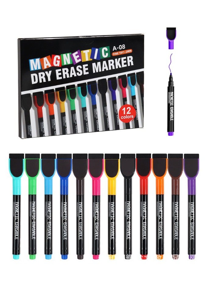 ماجنيتك أقلام تحديد ممحاة جافة مغناطيسية ذات طرف رفيع - 12 لونًا للسبورة البيضاء مع غطاء ممحاة، أقلام تحديد جافة رقيقة منخفضة الرائحة لمعلمي الأطفال، تعمل على السبورة البيضاء والتقويم، الثلاجة، هدية للأطفال - Image 1