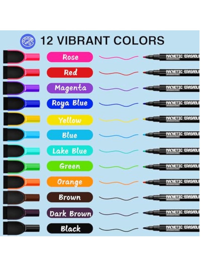 ماجنيتك أقلام تحديد ممحاة جافة مغناطيسية ذات طرف رفيع - 12 لونًا للسبورة البيضاء مع غطاء ممحاة، أقلام تحديد جافة رقيقة منخفضة الرائحة لمعلمي الأطفال، تعمل على السبورة البيضاء والتقويم، الثلاجة، هدية للأطفال - Image 2