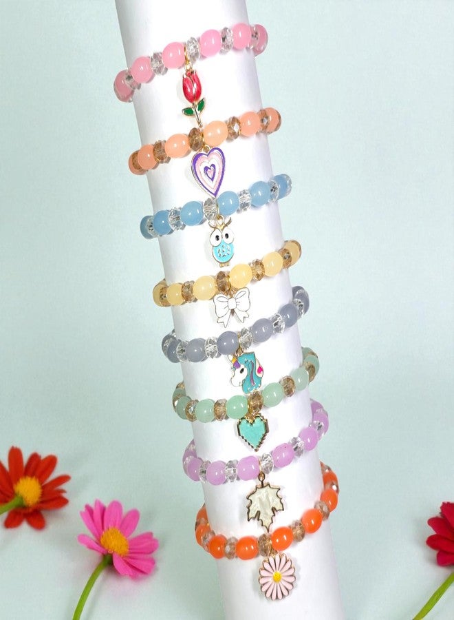 REGLET Pack of 8 Glass Bead Bracelet Set with Oval & Diamond Cut Beads with Charms - Mullticolour - Stretchable Bracelets for Women, Girls Stylish - Adjustable - Image 5