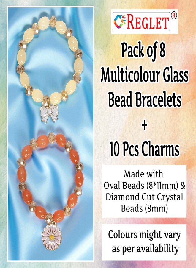 REGLET Pack of 8 Glass Bead Bracelet Set with Oval & Diamond Cut Beads with Charms - Mullticolour - Stretchable Bracelets for Women, Girls Stylish - Adjustable - Image 4