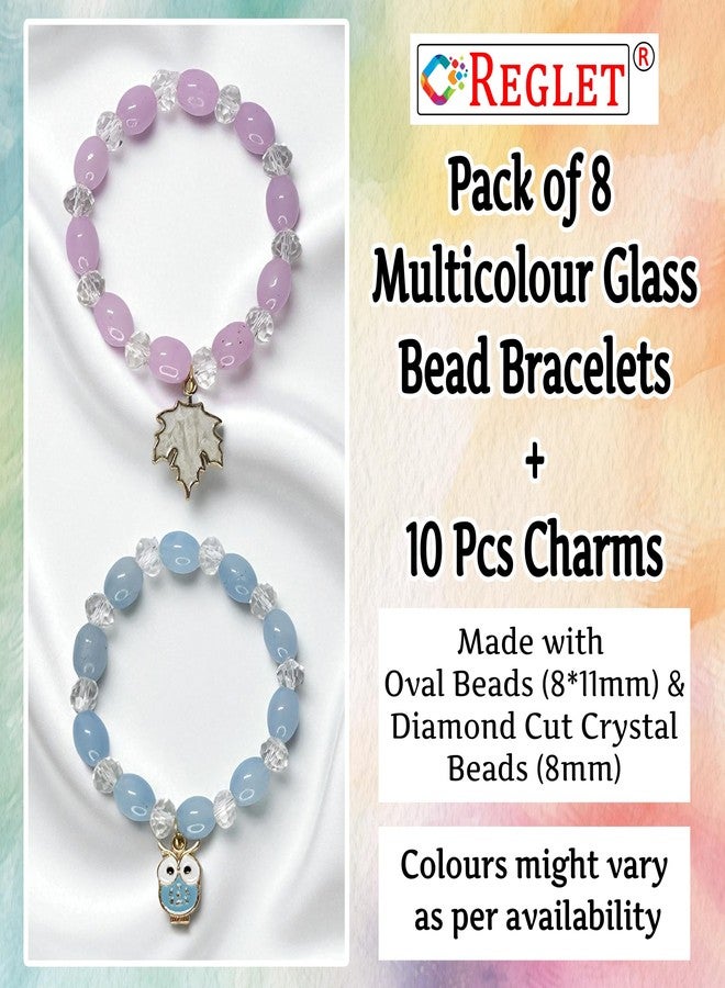 REGLET Pack of 8 Glass Bead Bracelet Set with Oval & Diamond Cut Beads with Charms - Mullticolour - Stretchable Bracelets for Women, Girls Stylish - Adjustable - Image 3