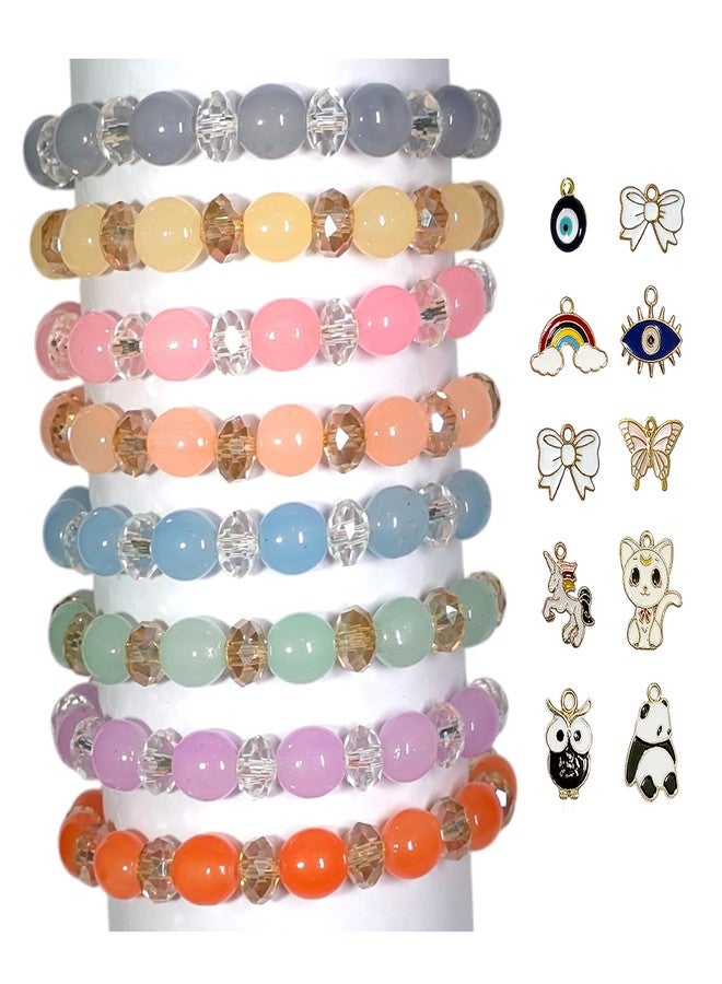 REGLET Pack of 8 Glass Bead Bracelet Set with Oval & Diamond Cut Beads with Charms - Mullticolour - Stretchable Bracelets for Women, Girls Stylish - Adjustable - Image 2