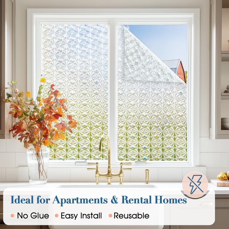 Windimiley 3D Diamond Frosted Window Privacy Film, Static Cling Decorative Glass Covering, No Glue Removable Vinyl, UV Blocking Heat Control for Bathroom Bedroom Door, 17.5 x 78.7 inch - Image 3