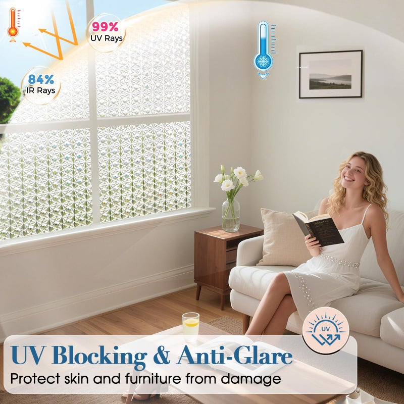 Windimiley 3D Diamond Frosted Window Privacy Film, Static Cling Decorative Glass Covering, No Glue Removable Vinyl, UV Blocking Heat Control for Bathroom Bedroom Door, 17.5 x 78.7 inch - Image 5