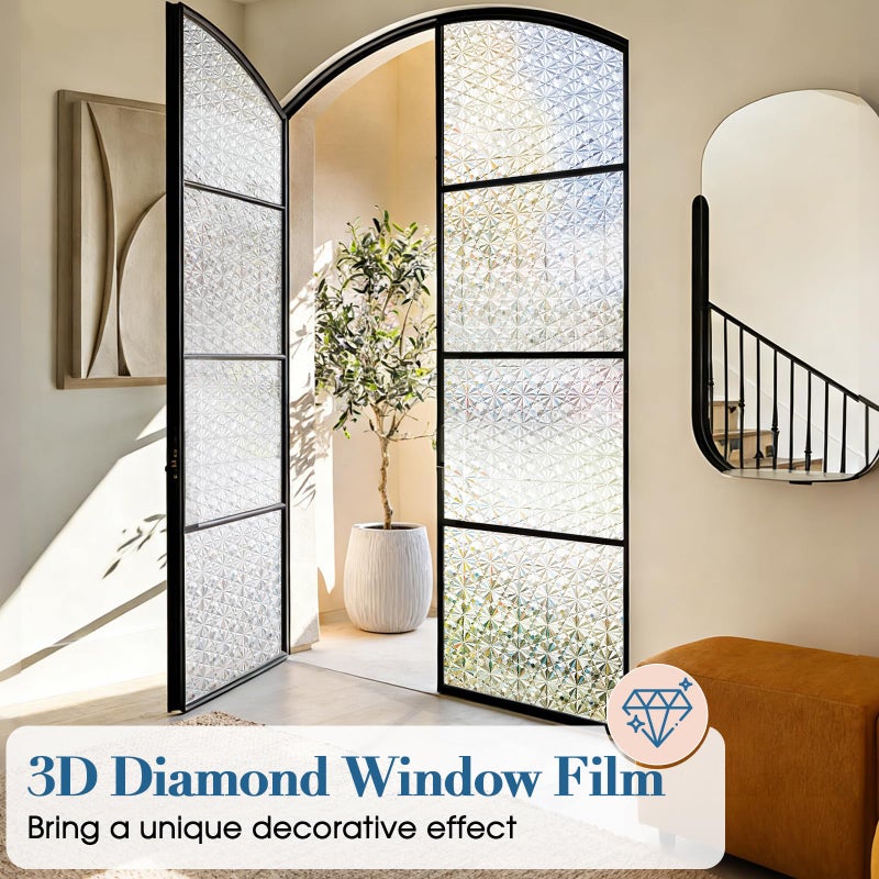 Windimiley 3D Diamond Frosted Window Privacy Film, Static Cling Decorative Glass Covering, No Glue Removable Vinyl, UV Blocking Heat Control for Bathroom Bedroom Door, 17.5 x 78.7 inch - Image 4