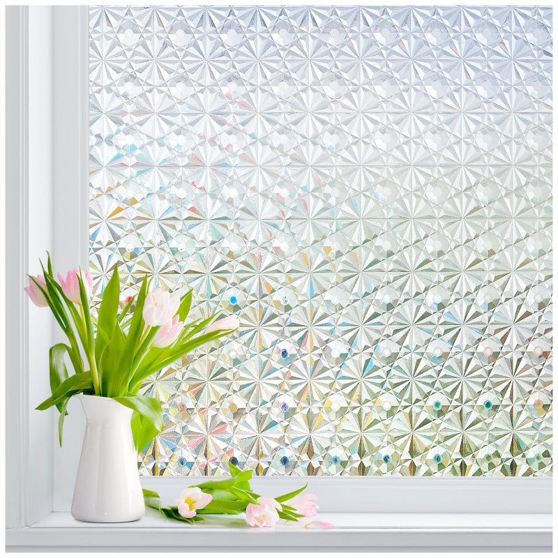 Windimiley 3D Diamond Frosted Window Privacy Film, Static Cling Decorative Glass Covering, No Glue Removable Vinyl, UV Blocking Heat Control for Bathroom Bedroom Door, 17.5 x 78.7 inch - Image 1