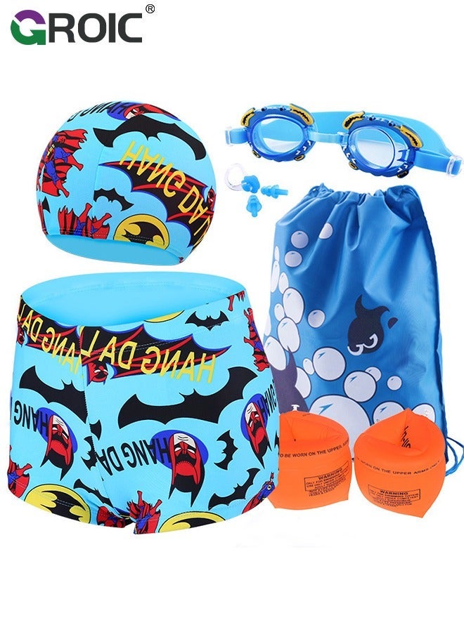 GROIC 6-Pieces Kids Swim Goggles Set, Batman Caps, Goggles, Trunks, Wing, Nose Clip, Earplug and Bag, Water Sports Learning Swimming Training Aids for 28-38Lb - Image 1