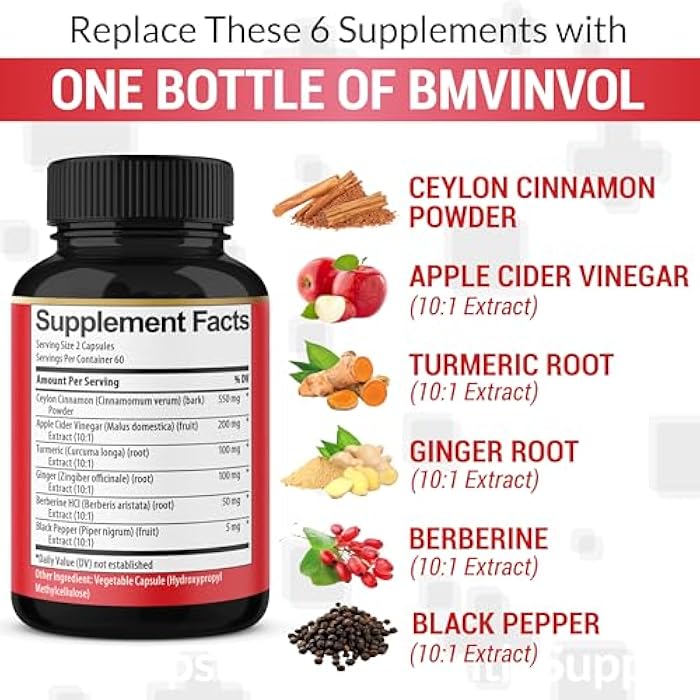 BMVINVOL Ceylon Cinnamon Capsules - 120 Capsules - High Potency with Apple Cider Vinegar, Turmeric, Ginseng, Berberine - Antioxidant Support - 2 Month Supply - Image 5