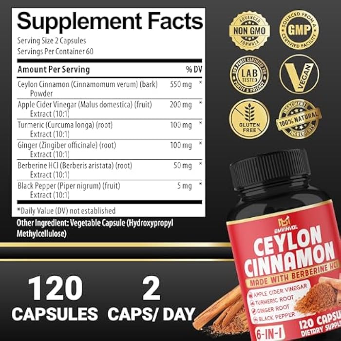 BMVINVOL Ceylon Cinnamon Capsules - 120 Capsules - High Potency with Apple Cider Vinegar, Turmeric, Ginseng, Berberine - Antioxidant Support - 2 Month Supply - Image 2