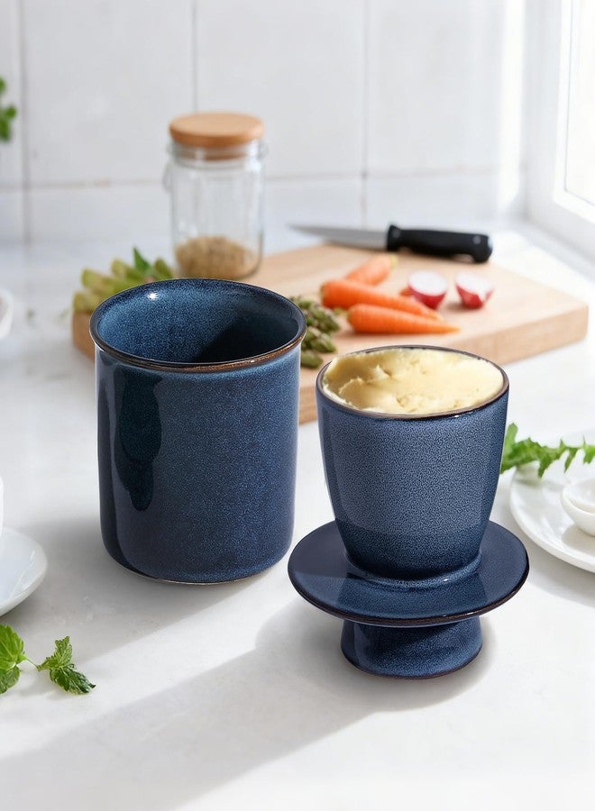 YDSluock Blue French Butter Dish，Handmade Reactive Glaze Ceramic Butter Crock with Water Line for Speradable Fresh Butter - Image 2