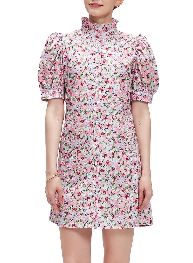 Ladyful Women's Summer Floral Dress Short Sleeve Button Down Shirt Mini Dress Ruffle Mock Neck Shift Sundress Light Pink - Image 1
