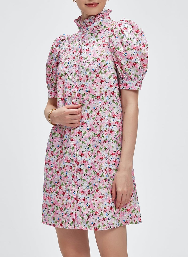 Ladyful Women's Summer Floral Dress Short Sleeve Button Down Shirt Mini Dress Ruffle Mock Neck Shift Sundress Light Pink - Image 2