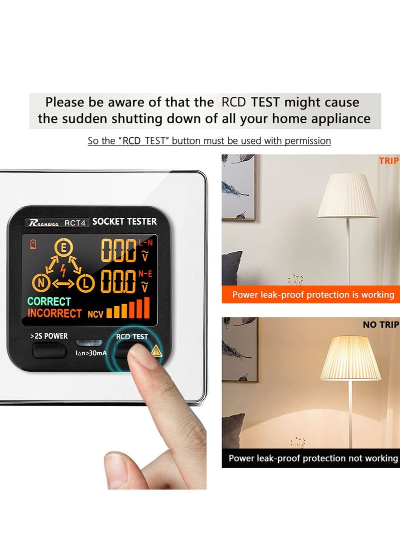 Outlet Tester, LCD with Voltage Display, RCD Socket Tester Circuit Analyzer, Standard 0.1-250V Outlets 8 Visual Indications, Polarity Detector Leakage Tester Electricity Line Fault Checker - Image 4