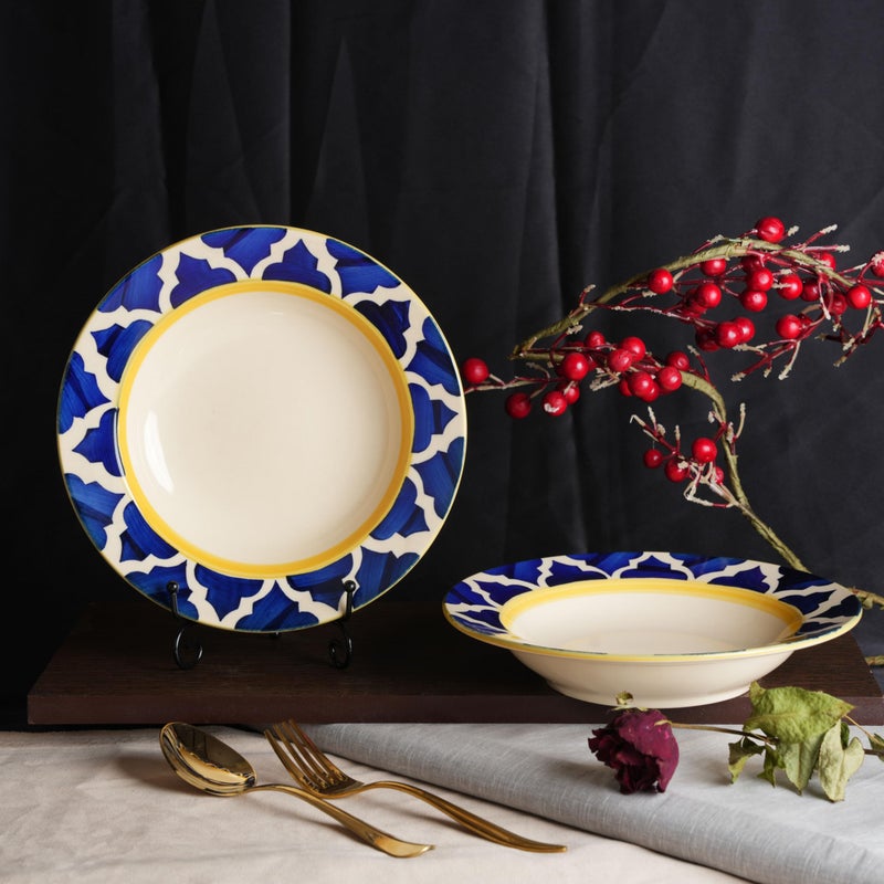 Caffeine Ceramic Handmade Stoneware Blue Umrao Pattern 9" Soup Plates/Maggie Plate/Pasta Plate/Macaroni Plate (Set of 2 Microwave & Dishwasher Safe) - Image 1