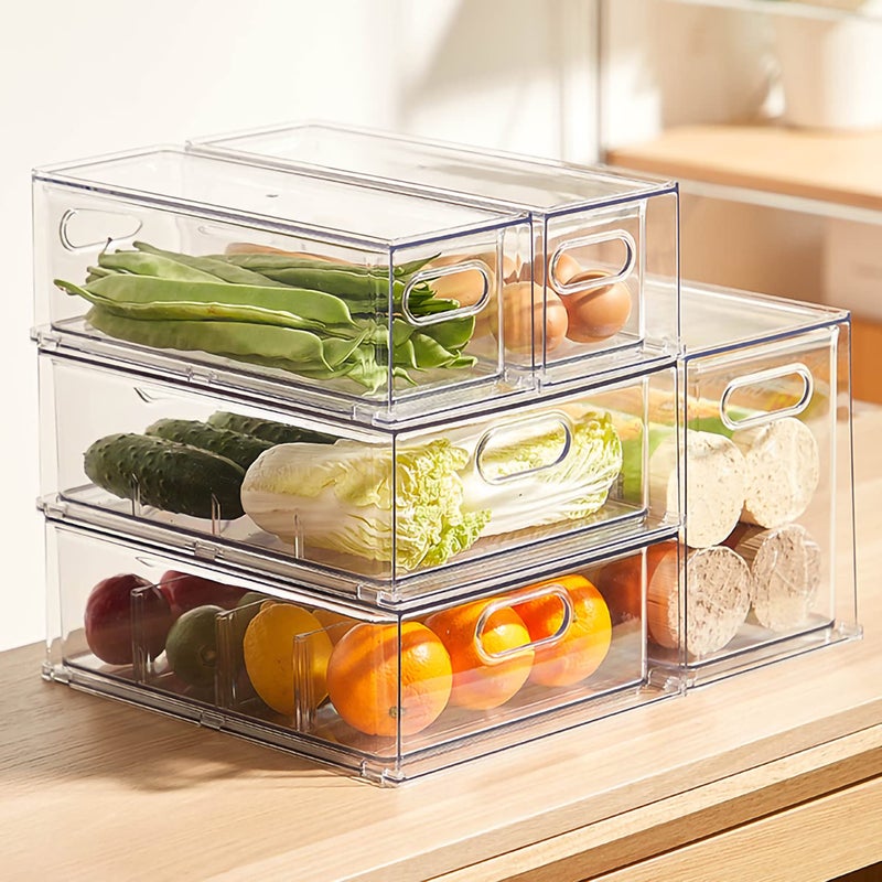 MineSign 4 pack Stackable Refrigerator Organizer Bins Pull-Out Drawers for Fruit and Veggies Storage Organizer for Fridge Clear Drawer Containers with Handle Divided Organization for Produce Saver - Image 2