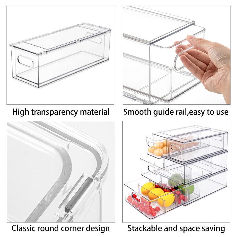 MineSign 4 pack Stackable Refrigerator Organizer Bins Pull-Out Drawers for Fruit and Veggies Storage Organizer for Fridge Clear Drawer Containers with Handle Divided Organization for Produce Saver - Image 5