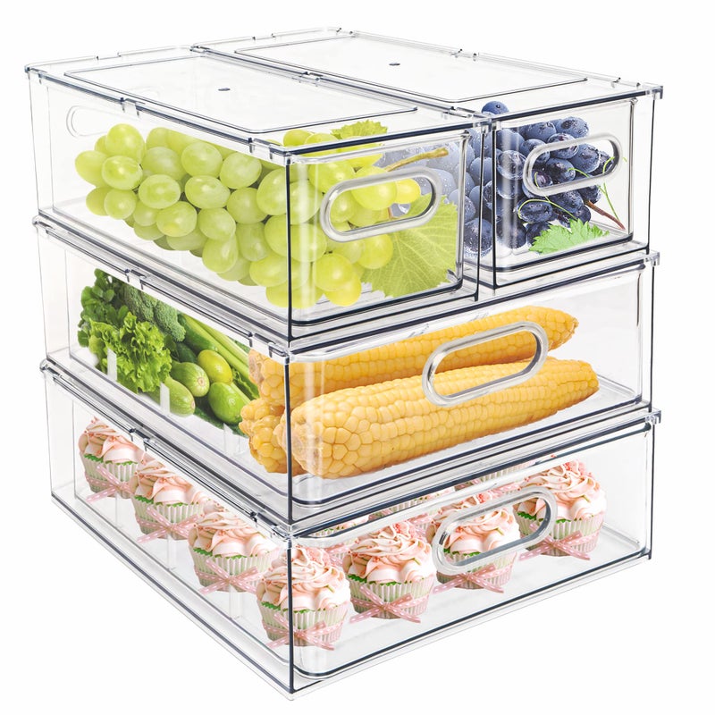 MineSign 4 pack Stackable Refrigerator Organizer Bins Pull-Out Drawers for Fruit and Veggies Storage Organizer for Fridge Clear Drawer Containers with Handle Divided Organization for Produce Saver - Image 1
