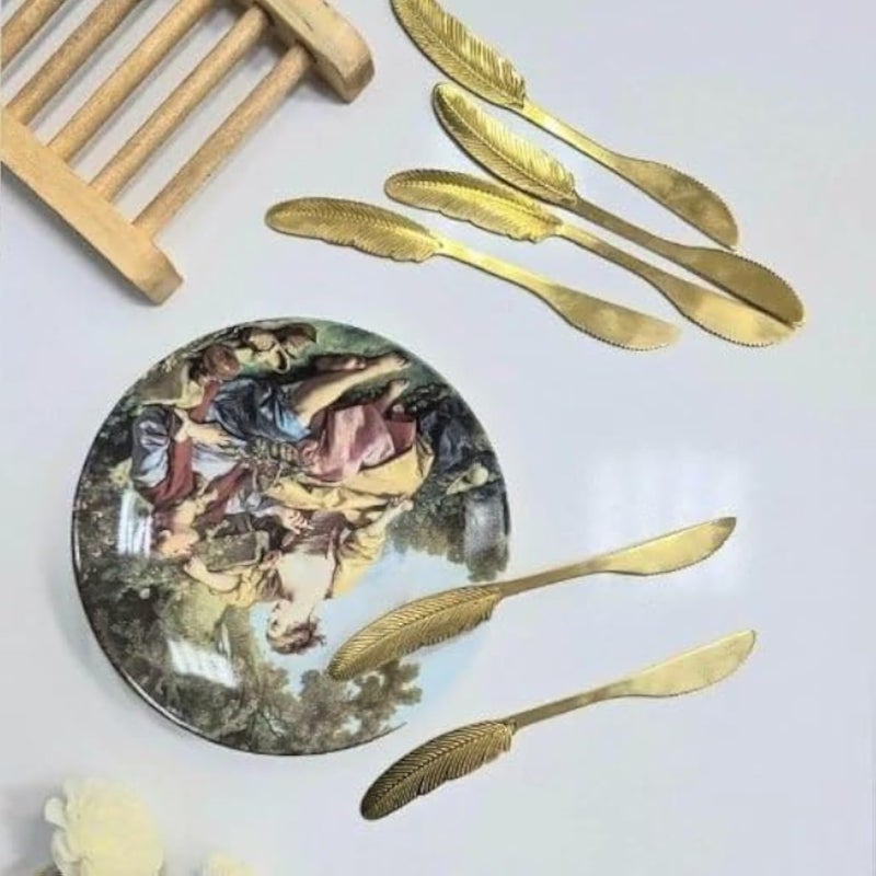 Gold Stainless Steel Feather Cake Knife Set 6 Pieces 18 10 Stylish Dessert Slicing Tools for Elegant Home Dining and Special Celebrations
