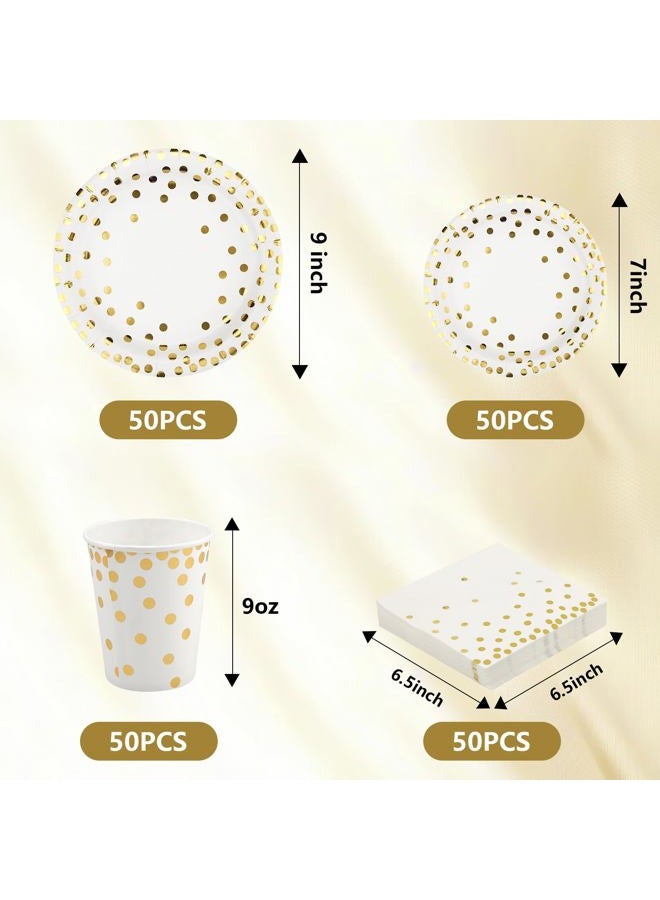 hapray 201PCS Polka Gold Dots Party Supplies Party Tableware, (50 Guests) Paper Plates, Napkins Cups, Tablecloth, for Baby Shower Birthday Bridal Shower Weddings Anniversary Decorations - Image 3