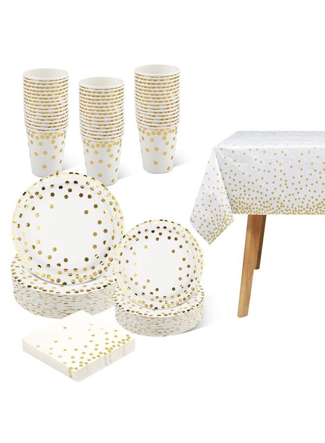 hapray 201PCS Polka Gold Dots Party Supplies Party Tableware, (50 Guests) Paper Plates, Napkins Cups, Tablecloth, for Baby Shower Birthday Bridal Shower Weddings Anniversary Decorations - Image 1