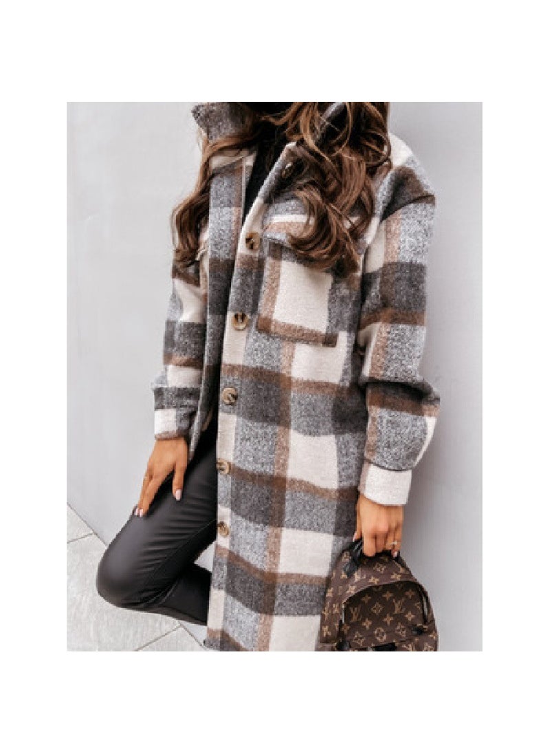 Generic - New Fashion Plaid Wool Coat Long Sleeve Casual Womens Outerwear Grey - Image 1
