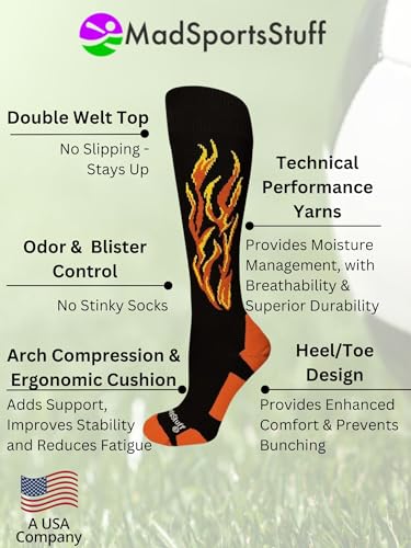 MadSportsStuff Flame Soccer Style Socks (Black/Orange/Gold, Small) - Image 3