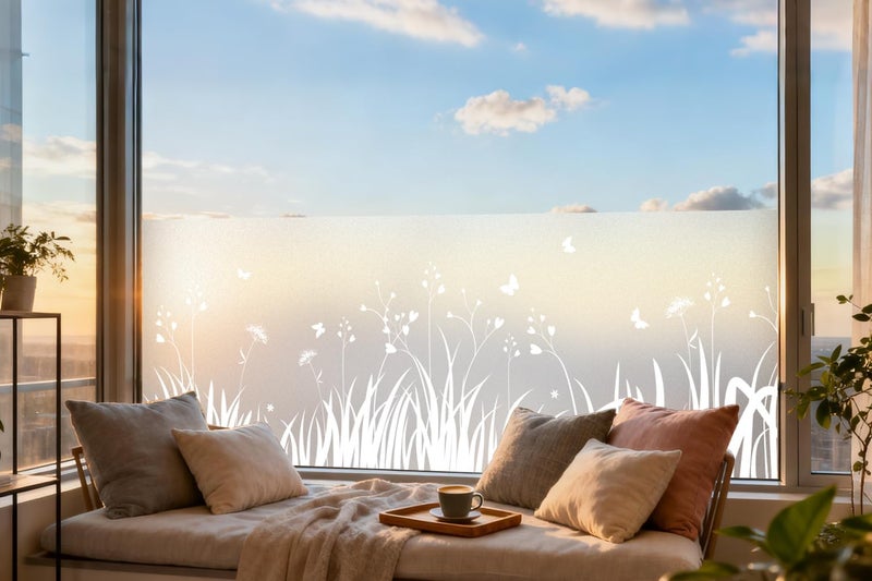 DKTIE Window Privacy Film Flowers Pure White Pattern Stained Glass Window Film Decorative Frosted Glass Window Film Sun Blocking Heat Control Static Cling (A276, 17.5" x 78.7") - Image 1