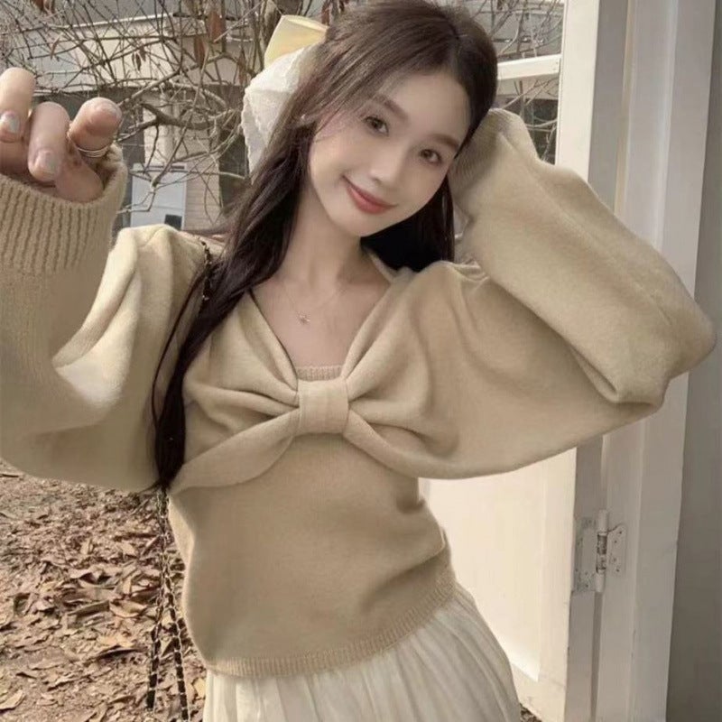 Sweater suit Womens Two-Piece Set 2024 Spring New Camisole Bow Long Sleeve Knitted Shirt Short Top apricot two-piece set