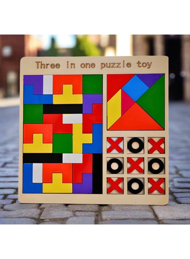 حديقة الألعاب لعبة ألغاز خشبية 3 في 1 – تيتريس، تانجرام وتيك تاك تو | لعبة تعليمية للأولاد والبنات والكبار | مجموعة ألعاب عائلية خشبية - Image 4
