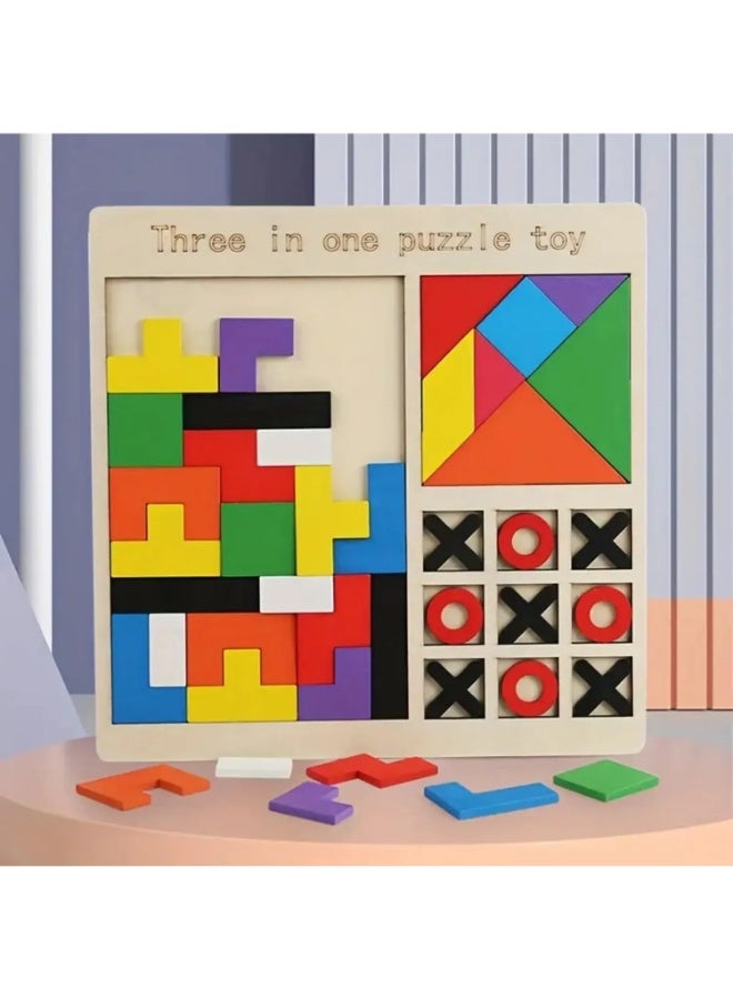 حديقة الألعاب لعبة ألغاز خشبية 3 في 1 – تيتريس، تانجرام وتيك تاك تو | لعبة تعليمية للأولاد والبنات والكبار | مجموعة ألعاب عائلية خشبية - Image 2