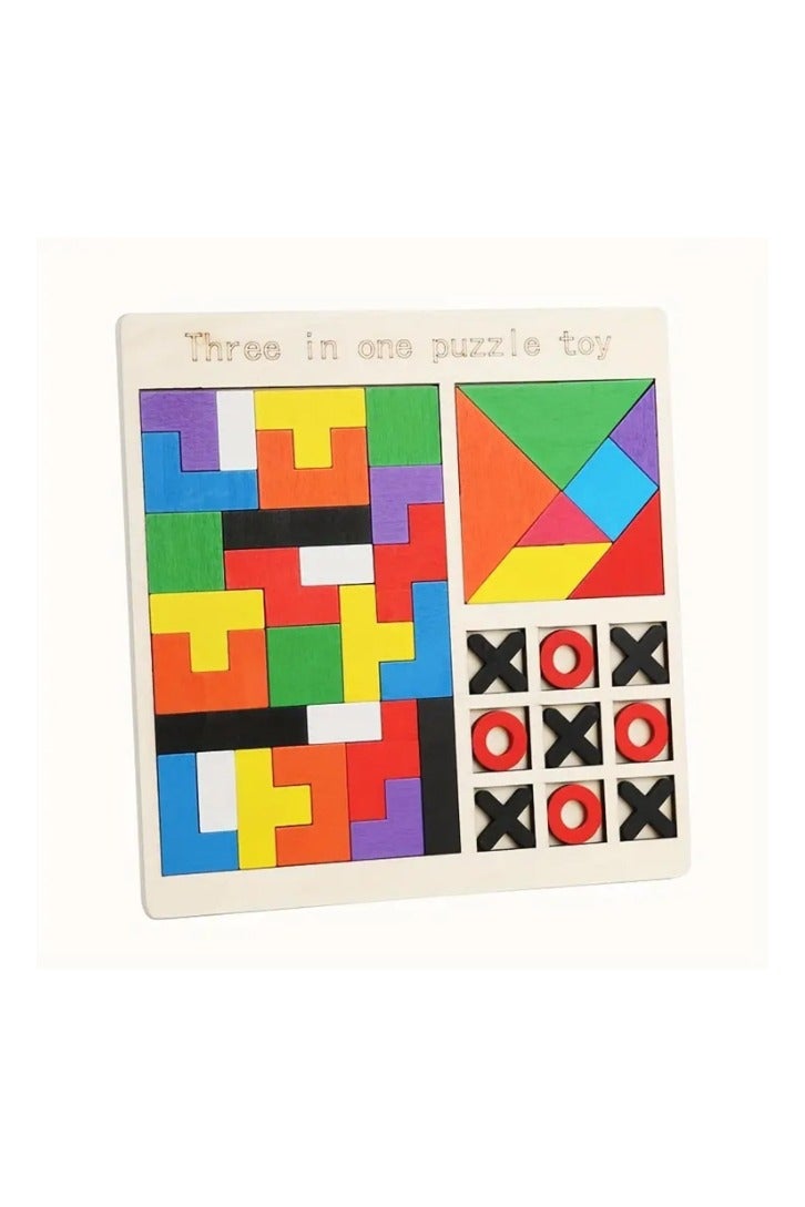 حديقة الألعاب لعبة ألغاز خشبية 3 في 1 – تيتريس، تانجرام وتيك تاك تو | لعبة تعليمية للأولاد والبنات والكبار | مجموعة ألعاب عائلية خشبية - Image 1