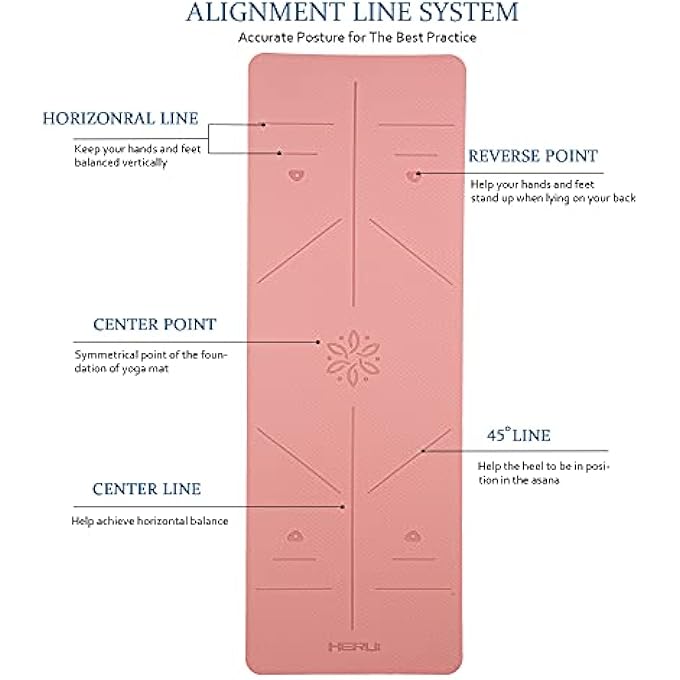 rayihni حصيرة يوجا هيروي بخطوط محاذاة حصيرة تمارين مضادة للانزلاق مع حقيبة حمل حصيرة للياقة البدنية للبيلاتس 183 سم * 61 سم * 6 مم سمك للنساء والرجال المبتدئين - Image 2