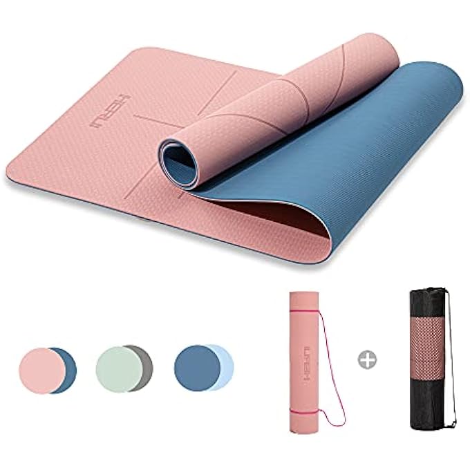 rayihni حصيرة يوجا هيروي بخطوط محاذاة حصيرة تمارين مضادة للانزلاق مع حقيبة حمل حصيرة للياقة البدنية للبيلاتس 183 سم * 61 سم * 6 مم سمك للنساء والرجال المبتدئين - Image 1