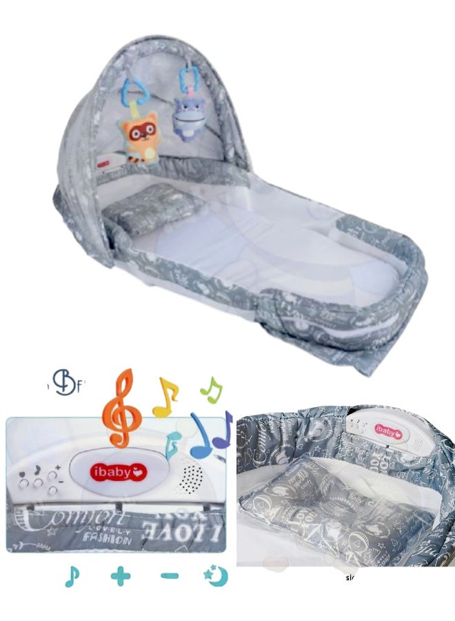 Gray Portable Baby Separated Bed with Mosquito Net & Toys – Elegant & Safe Travel Bassinet. - Image 1